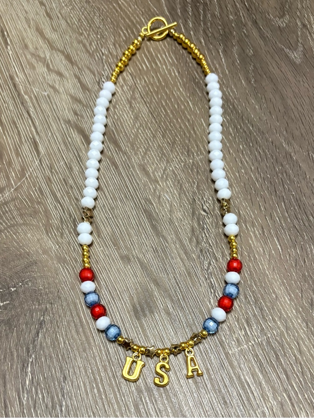 Gold Charm USA Beaded Necklace - White, Red & Blue Beads